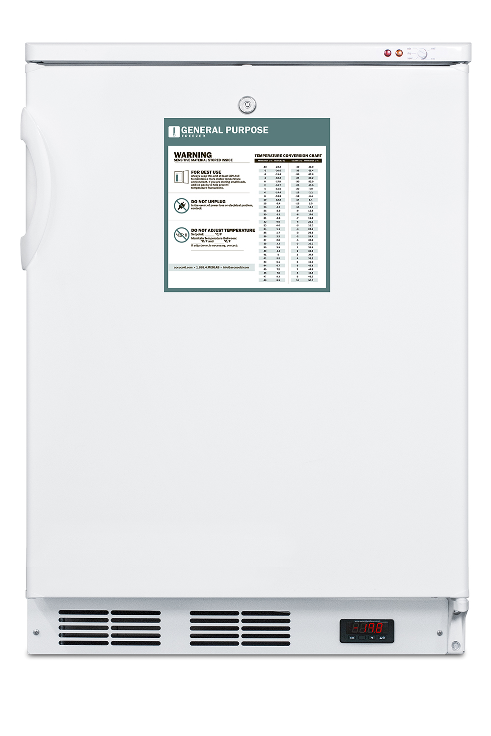 Freestanding medical general purpose all-freezer capable of -25 C operation with front-mounted lock